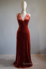 V-Neck Copper Velvet Long Bridesmaid Dresses With Strap Back