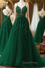 V Neck Dark Green Lace Long Evening Prom Dresses, V Neck Dark Green Lace Long Formal Evening Dresses
