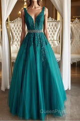 V Neck Dark Green Lace Evening Prom Dresses, Dark Green Lace Formal Evening Dresses