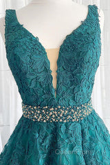 V Neck Dark Green Lace Evening Prom Dresses, Dark Green Lace Formal Evening Dresses