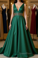 V Neck Emerald Green Satin Long Evening Prom Dresses, Emerald Green Formal Graduation Evening Dresses