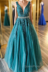 V Neck Green Lace Long Evening Prom Dresses with Beaded Belt, Long Green Lace Formal Evening Dresses