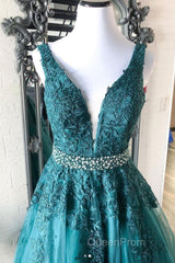 V Neck Green Lace Long Evening Prom Dresses with Beaded Belt, Long Green Lace Formal Evening Dresses