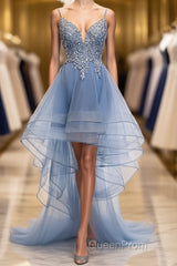 V Neck High Low Blue Lace Evening Prom Dresses, Blue Lace High Low Formal Evening Graduation Dresses