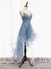 V Neck High Low Blue Lace Evening Prom Dresses, Blue Lace High Low Formal Evening Graduation Dresses