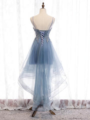 V Neck High Low Blue Lace Evening Prom Dresses, Blue Lace High Low Formal Evening Graduation Dresses