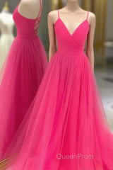 V Neck Hot Pink Backless Evening Prom Dresses, Open Back Hot Pink Long Formal Dresses
