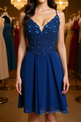 V Neck Lace Beaded Blue Homecoming Dresses Short Evening Prom Dresses, Blue Lace Graduation Dresses, Blue Formal Dresses, Evening Dresses