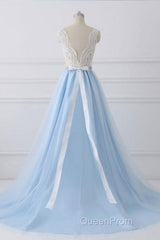 V Neck Light Blue Lace Evening Prom Dresses, Light Blue Lace Formal Evening Dresses