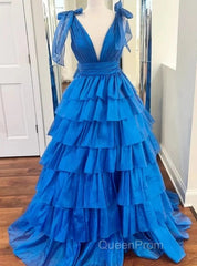 V-Neck Long Evening Prom Dresses With Ruffle Skirt