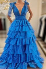 V-Neck Long Evening Prom Dresses With Ruffle Skirt
