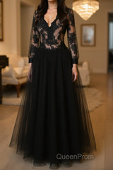 V Neck Long Sleeves Black Lace Long Evening Prom Dresses, Long Sleeves Black Lace Formal Dresses, Black Lace Evening Dresses