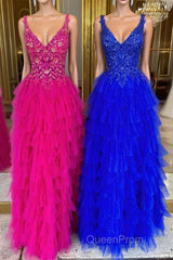V-Neck Magenta Lace Appliques Layered Tulle Evening Prom Dresses