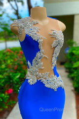 V-neck Mermaid Appliques Lace Sequined Open Back One Shoulder Floor-length Sleeveless Evening Prom Dresses