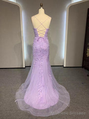 V Neck Mermaid Purple Lace Prom Dresses, V Neck Mermaid Purple Lace Formal Evening Dresses