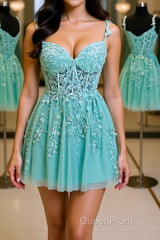 V Neck Mint Green Lace Short Evening Prom Dresses, Mint Green Lace Homecoming Dresses, Mint Green Formal Evening Dresses