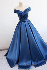 V Neck Off The Shoulder Long Satin Evening Prom Dresses Ball Gowns