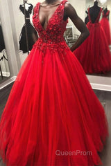 V Neck Open Back Beading Red Long Evening Prom Dresses with 3D Flower, V Neck Red Formal Dresses, Red Evening Dresses