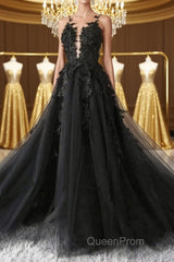 V Neck Open Back Black Tulle Lace Floral Long Evening Prom Dresses, Black Lace Formal Evening Dresses with Appliques