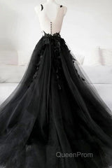 V Neck Open Back Black Tulle Lace Floral Long Evening Prom Dresses, Black Lace Formal Evening Dresses with Appliques