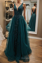 V Neck Open Back Dark Green Lace Beaded Long Evening Prom Dresses, Dark Green Lace Formal Dresses, Dark Green Evening Dresses