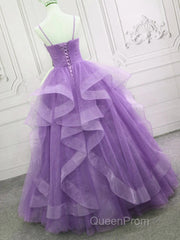 V Neck Open Back Fluffy Purple Tulle Long Evening Prom Dresses
