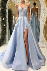 V Neck Open Back Light Blue Satin Long Evening Prom Dresses with Pocket