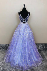 V Neck Open Back Purple Lace Floral Long Evening Prom Dresses, Purple Lace Floral Formal Evening Dresses