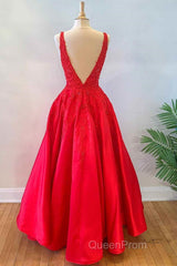 V Neck Open Back Red Lace Long Evening Prom Dresses, Red Lace Formal Dresses, Beaded Red Evening Dresses