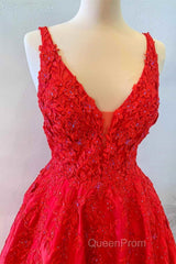 V Neck Open Back Red Lace Long Evening Prom Dresses, Red Lace Formal Dresses, Beaded Red Evening Dresses