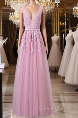 V Neck Pink Lace Evening Prom Dresses, Pink V Neck Lace Bridesmaid Formal Dresses