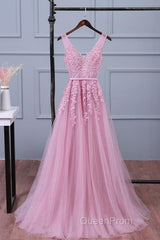 V Neck Pink Lace Evening Prom Dresses, Pink V Neck Lace Bridesmaid Formal Dresses