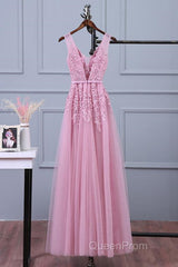 V Neck Pink Lace Evening Prom Dresses, Pink V Neck Lace Bridesmaid Formal Dresses
