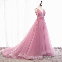V Neck Pink Tulle Evening Prom Dresses with Train, Pink Long Formal Evening Graduation Dresses