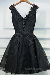 V Neck Short Black Lace Evening Prom Dresses, Black Lace Homecoming Dresses, Short Black Formal Evening Dresses