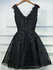 V Neck Short Black Lace Prom Dresses, Short Black Lace Graduation Homecoming Dresses