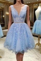 V Neck Short Blue Lace Evening Prom Dresses, Short Blue Lace Formal Homecoming Dresses