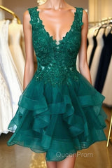 V Neck Short Green Lace Evening Prom Dresses, Short Green Lace Graduation Homecoming Dresses