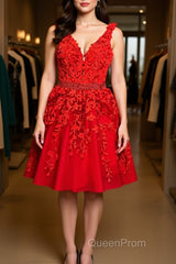 V Neck Short Red Lace Evening Prom Dresses with Beadings, Short Red Lace Formal Graduation Homecoming Dresses