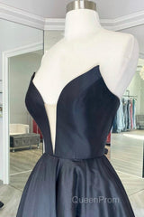 V Neck Strapless Black Satin Long Evening Prom Dresses, Strapless Black Formal Dresses, Long Black Evening Dresses