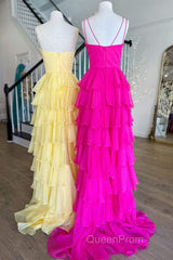 V-Neck Straps Fuchsia Ruffle Chiffon Evening Prom Dresses with Slit