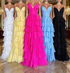 V-Neck Straps Fuchsia Ruffle Chiffon Evening Prom Dresses with Slit