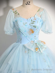 V Neck Tulle Lace Blue Long Prom Dress, A-Line Blue Lace Long Sweet 16 Dress