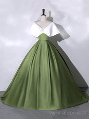 White+Green Satin Floor Length Prom Dress, V-Neck Off the Shoulder Evening Dress