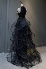 Vintage A Line Halter Black Party Dresses Sequin Evening Prom Dresses