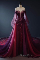 Vintage A Line Off The Shoulder Tulle Burgundy Evening Prom Dresses