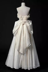 Vintage A Line Strapless Satin White Long Wedding Dresses Brides Dresses