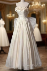 Vintage A Line Strapless Satin White Long Wedding Dresses Brides Dresses