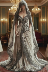 Vintage A-Line V-Neck Lace Appliqu Long Evening Prom Dresses With Veil Wedding Dresses