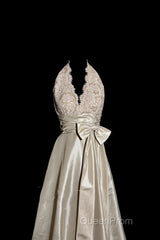 Vintage A Line V Neckline Champagne Lace Evening Prom Gown Fairy Evening Prom Dresses